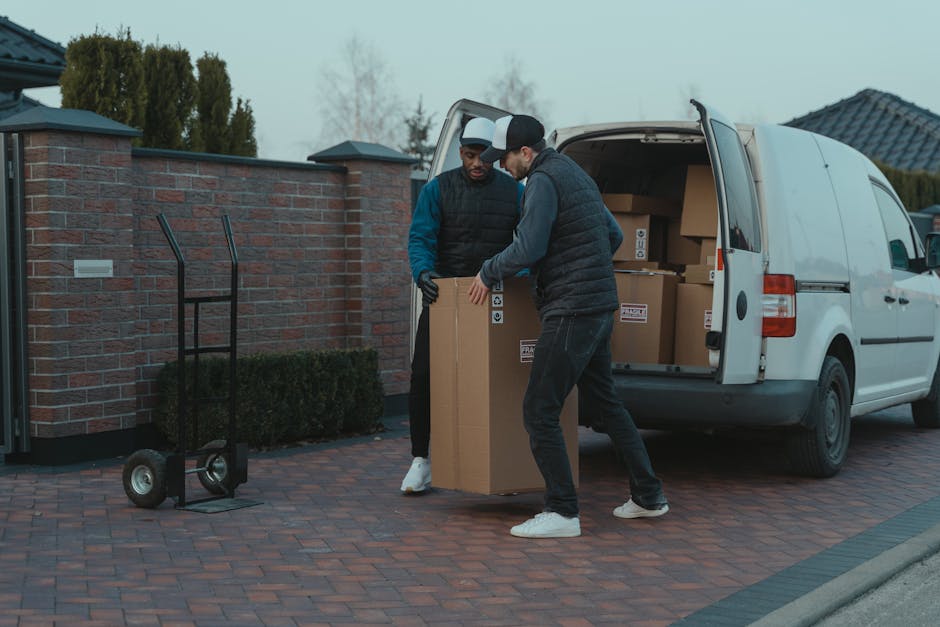 Two men engaged in a home relocation task beside a white van with its rear doors open, filled with cardboard boxes of various sizes packed for moving. The men are lifting a large cardboard box together, with one man wearing a black quilted vest and dark jeans, and the other in a blue jacket with a black padded vest and white sneakers. A black hand truck with two wheels is positioned on the brick driveway nearby, ready for transporting packed items. The scene takes place outdoors, adjacent to a house with a brick wall, a shrub, and trees in the background, under natural daylight, illustrating the process of packing and loading for a furniture transport or house move, with the focus on careful handling and preparation for a move near Kentish Town, as coordinated by [COMPANY_NAME] in their removals services.